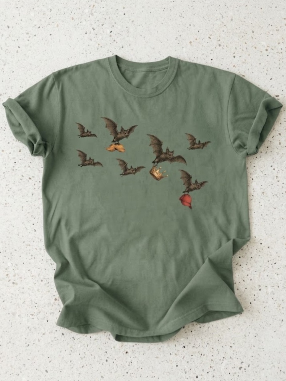 Funny Flying Bats Crown Gildan T-Shirt Green Graphic Tee